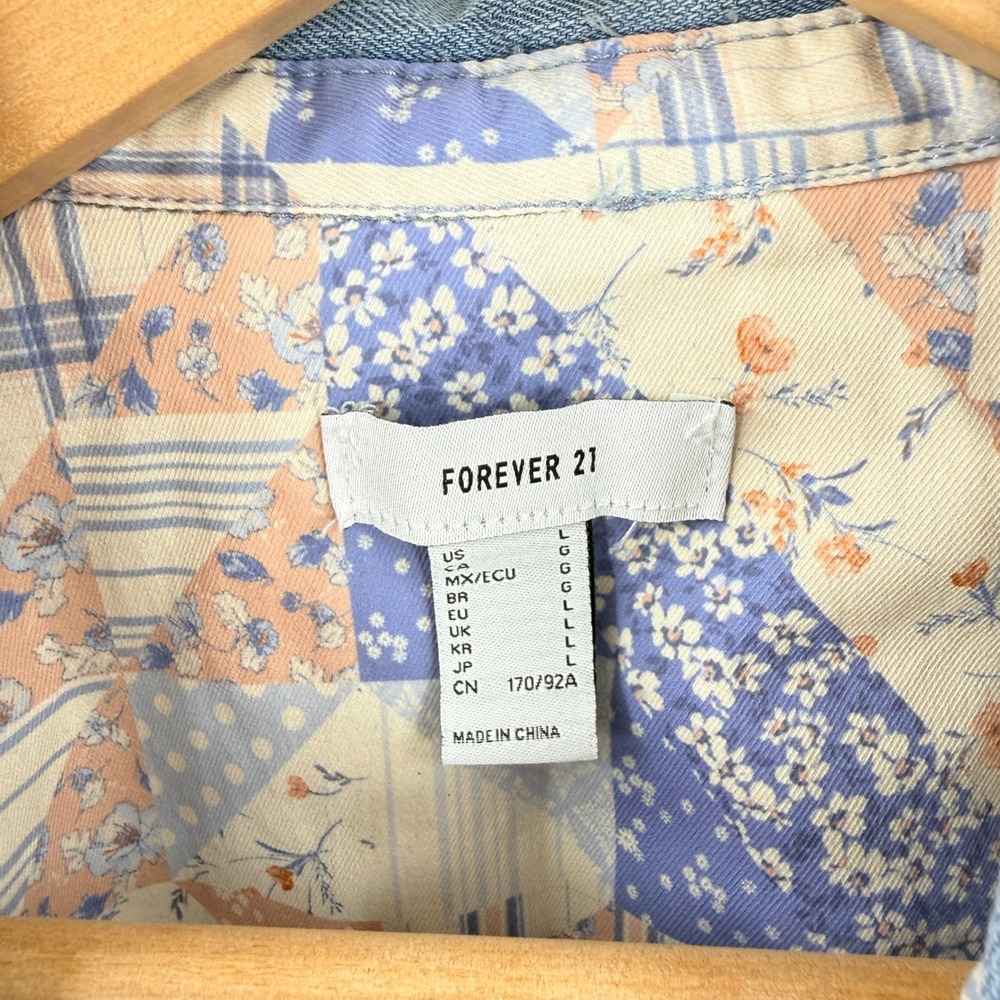 Forever 21 Patchwork Chambray Denim Button Down Size L Cottagecore Retro Plaid - Picture 3 of 8